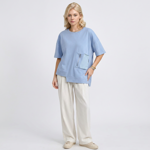 Women's Light Blue Regular Crew Neck Short Sleeve <b>T</b>-<b>Shirt</b> Pocket Regular Fit Breathable 100% Organic Cotton Flock Print - Product Image 1