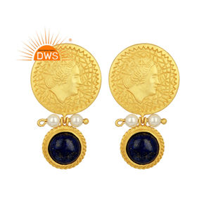 Pendientes colgantes de plata tallada a mano, proveedor de joyas chapadas en oro, pendientes de piedras preciosas de lapislázuli de diseñador - Product Image 1