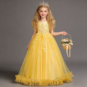 Robe de bal formelle pour filles, col rond, jupe longue en tulle, style princesse, bleu foncé, robe de demoiselle d'honneur pour enfants - Product Image 3