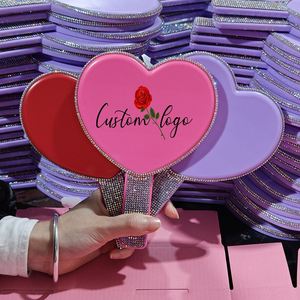 Private Logo Cute Pink Heart <b>Makeup</b> Mirror Luxury Diamond Handle Mirror Rhinestone Make up Mirrors - Product Image 1