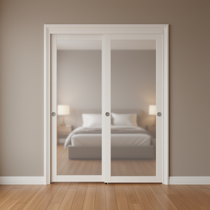 Portes de placard coulissantes doubles en bois blanc et verre 60 x 80 avec kit de quincaillerie d'installation - Product Image 2