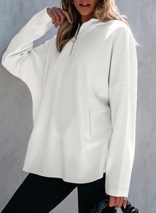 Sudadera Holgada Informal con Capucha para Mujer, Manga Larga, Media Cremallera, Bolsillo, Color Sólido, Fabricada en China, Sin Necesidad de Costura - Product Image 2