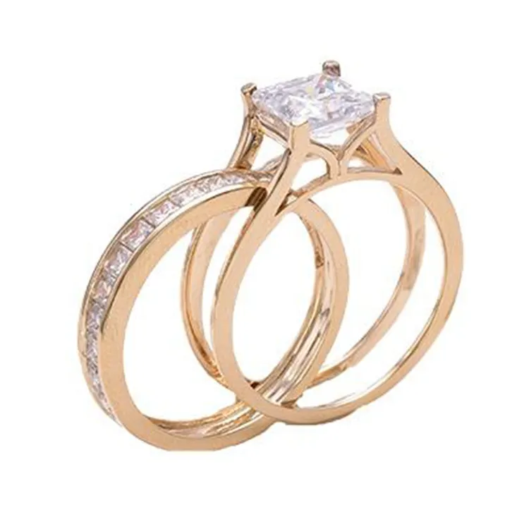 Set Cincin Pernikahan putri Moissanite 14k, emas padat CZ zirkon, cincin pernikahan untuk wanita pasangan dan pertunangan