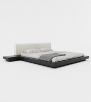 Cama Baja Japonesa Tatami, Estilo Nórdico Minimalista, Plataforma de Suelo, Madera de Nogal Negro, Respaldo Suave, Cama Doble