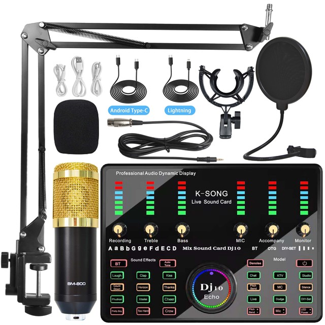 BM 800 Professional PC DJ10 Wireless USB 2-Channel Built-in Battery Sound Card Set Mic Studio Condenser Microphone Karaoke