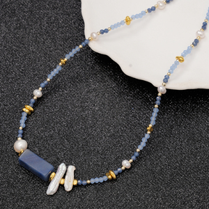 Collar de Perlas de Piedra Natural Azul, Joyería Estética para Vacaciones, Hecho a Mano, Collar de Varias Capas - Product Image 2