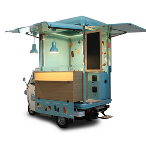 Camionnette alimentaire Piaggio Ape, camionnette mobile pour la vente de glaces, comptoir en acier jaune avec auvent et éclairage, capacité de charge de 200 kg, galvanisée - Product Image 1