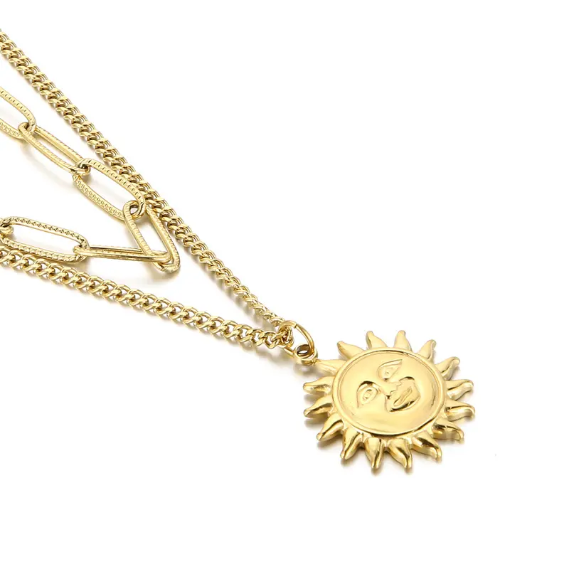 Personality Design Stainless Steel 18K Gold Plating Cast Sun God Pendant Double Sweater Chain Necklace for Women
