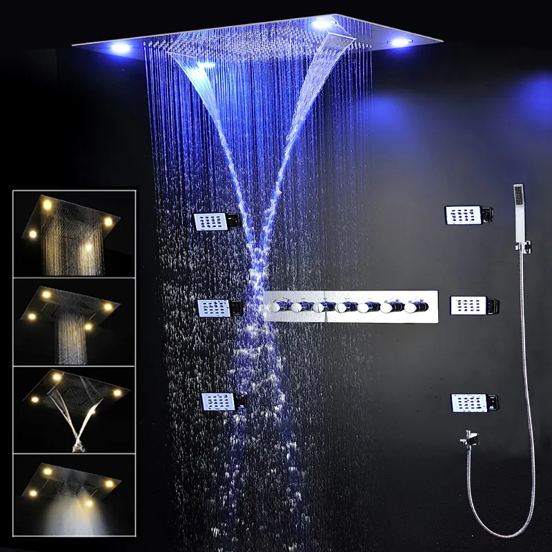 Luxury Thermostatic Shower Set Bathroom large LED Ceiling Shower Faucet Stainless Steel Mist Rain Shower Head Massage Body Spray