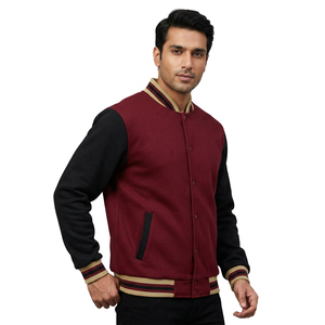 Veste universitaire pour homme en laine noire et rouge avec manches en cuir orange rouille - Product Image 1