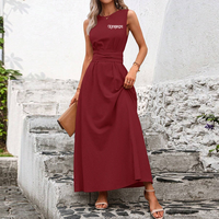 Fournisseur Robe longue décontractée sans manches à col ras du cou avec ceinture nouée Robes de vacances confortables et respirantes avec poche