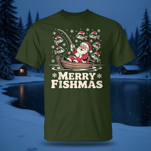 Maglietta da pescatore natalizia Merry Fishmas Santa Fishing Bass - Product Image 3