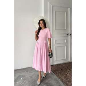 Vestido de Lino Rosa con Corte en A, Cuello Redondo, Cintura Natural, Transpirable, Informal, para Uso Diario, Tejido de Lino - Product Image 6