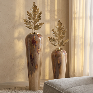 Vase de sol moderne en feuille d'or, grande urne en métal et verre, décoration de mariage, ornement d'entrée grandiose, accent de luxe pour la maison, qualité supérieure - Product Image 1