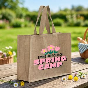 Sac fourre-tout en jute personnalisé imprimé pour le camping de printemps, grande capacité, réutilisable, sacs de courses, sacs fourre-tout pour femmes - Product Image 1