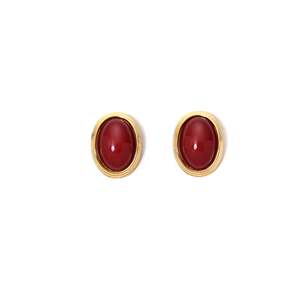 Fashion Stud <b>Earrings</b> 316L Stainless Steel PVD Gold Plating <b>Red</b> Cabochon Oval Shape Sustainable Resistant Jewelry - Product Image 1