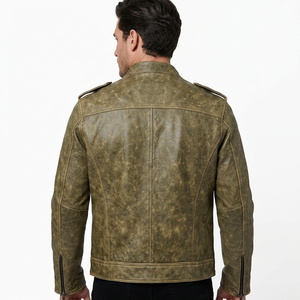 LEATHER TEX <b>Men</b> Rub Classic Genuine Cowhide Leather <b>Jacket</b> Quick Dry Stand Collar Zipper Closure Vintage Distressed Finish - Product Image 2