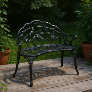 ม้านั่งลานบ้านอะลูมิเนียมหล่อขึ้นรูปลายดอกกุหลาบสีดำ ขาโค้ง สำหรับระเบียงหรือดาดฟ้า - Product Image 2