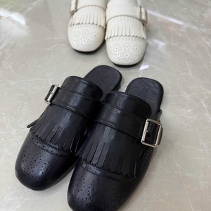 Genuine Leather Square Toe <b>Mules</b> With Buckle And Fringe Breathable Slippers For Women - Product Image 1