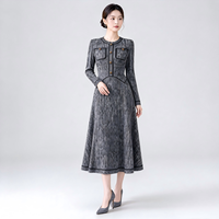 Robe plissée style Chanel pour femme, prête à être expédiée, en faux tweed imprimé, robe longue, expédition sous 7 jours, élégante pour le bureau et les occasions sociales