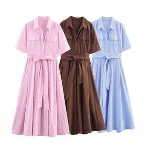 Robe décontractée rayée bleue Istapromo pour femme, manches courtes, col rabattu, robe longue ceinturée, coupe trapèze, tenue d'été - Product Image 1
