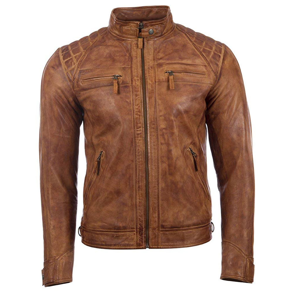 Новые мужские натуральная воловья кожа Коричневая Кожаная куртка Slim Fit Байкерская мотоциклетная куртка