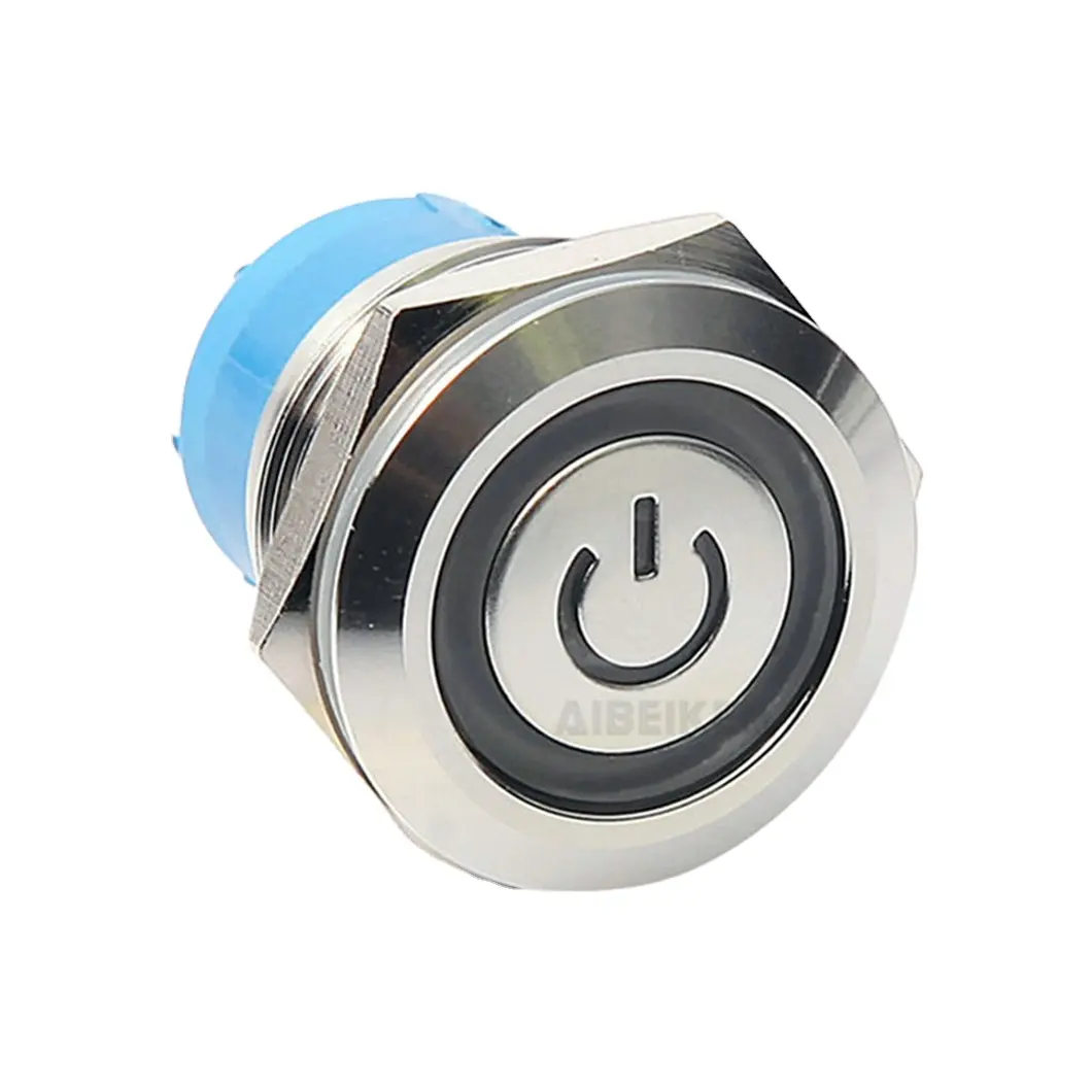 Flat switch 19mm ON OFF metal push 1NO Power logo blue 5A IP67Flat Nickel plated brass with connector led push button light