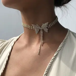 Kaimei 2022 Kalung Emas Kerah Pita Berlian Penuh Super Peri Mode Kristal Choker Kupu-kupu Choker Perhiasan Wanita