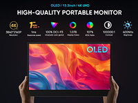 Monitor OLED portátil 4K de 13,3 pulgadas, Monitor pequeño para juegos, Monitor portátil de pantalla UHD Color1ms de 10 bits de 100% y para ordenador portátil
