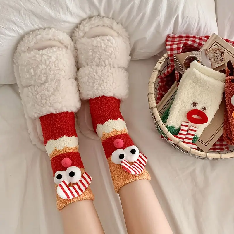 스팟 상품 크리스마스 벨 산호 양털 양말 한국 스타일 여성 겨울 퍼지 슬리퍼 양말