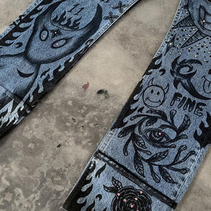 Пользовательские солнце выцветшие мешковатые с высокой талией графические Dtg граффити краски джинсовые Стразы сложенные грузовые синие винтажные негабаритные джинсы Y2k брюки - Product Image 2