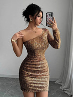 Nouvelle robe élégante en tricot scintillant à logo personnalisé, mini-robe moulante asymétrique à une épaule, manches longues, robe pour femme pour les soirées