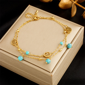 Fashionable Double Layer Anklet With Turquoise Beads Tree Of Life Design For Women Foot Ornaments Gift - Product Image 1
