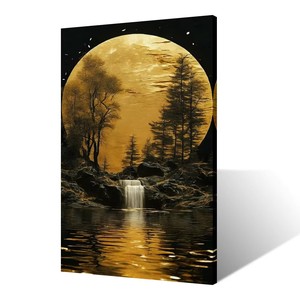 Impresión en lienzo de arte para decoración del hogar, iluminada por la luz de la luna, luna llena que brilla sobre una superficie rocosa con una pequeña cascada - Product Image 2