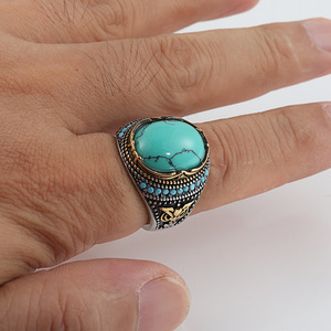 <b>Turquoise</b> <b>Ring</b> Men's Titanium Steel Bezel Setting Silver Gold Geometric Design Gift Jewelry 212006 - Product Image 4