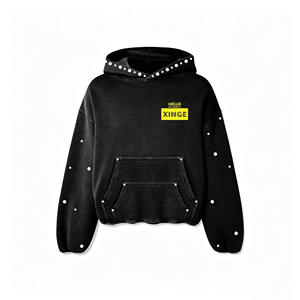 Hoodie streetwear personnalisé en coton épais, coupe courte et carrée, avec doubles poches, effet délavé, orné de strass, de perles et de pierres. - Product Image 4