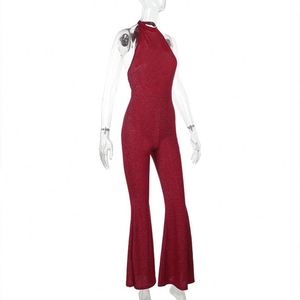 <span class=keywords><strong>Combinaison</strong></span> longue décontractée pour femme, sexy, à col halter, dos nu, brillante, élégante pour mariage, vente en gros - Product Image 4