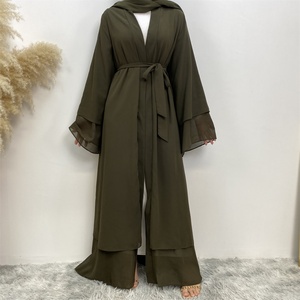 1875# Best Seller Chiffon Open Abaya Solid Color 2 Layered Long Sleeve Dubai Abayas <b>Cardigan</b> Style 9 Colors - Product Image 4