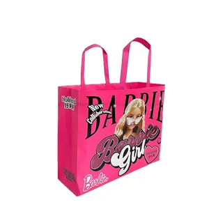 Customized Recyclable Holographic Sparkling Logo Doll Image Printed Hot Pink Kraft Paper Bag with Flat Handle for Takeaway Cake