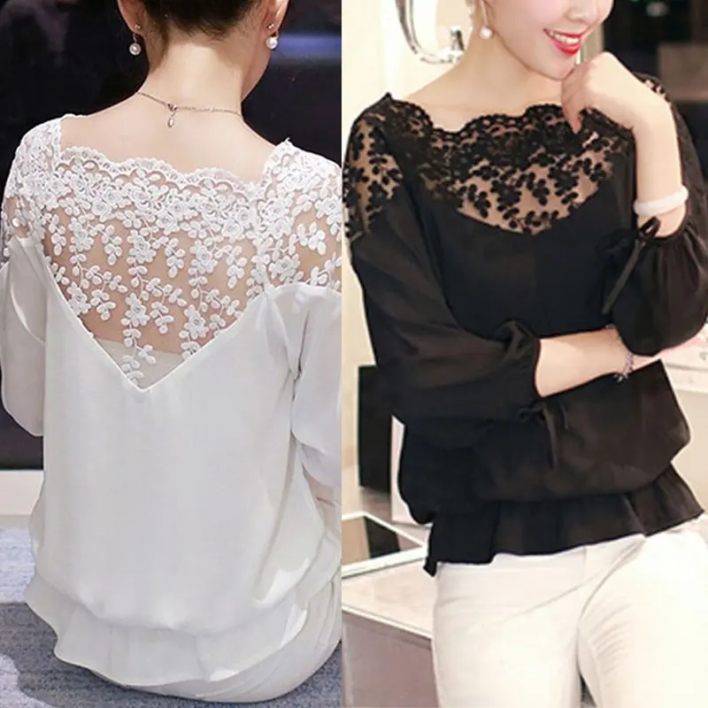 New White Black Women Top Lady Blouse Long Sleeve Hollow Lace Casual Tops Chiffon Blouse J0420