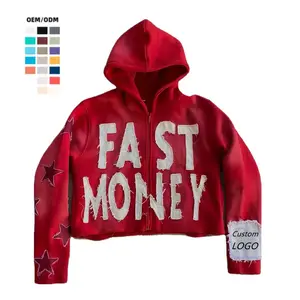 High Quality Streetwear 400gsm Raw Hem Functional Cropped Vintage Wash Hoodies Distress Embroidery Patch Acid Wash Zip Hoodie