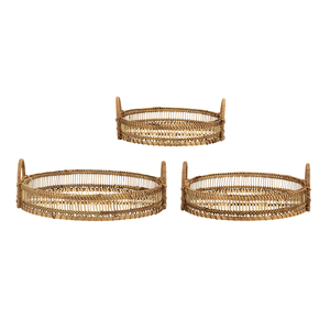 Set di 3 vassoi rotondi in bambù intrecciato marrone con manici per conservare e servire alimenti - Product Image 2