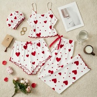 Ensemble pyjama 4 pièces pour femme, taille plus, rose et noir, imprimé cœurs, côtelé, avec short et pantalon, et bonnet de douche