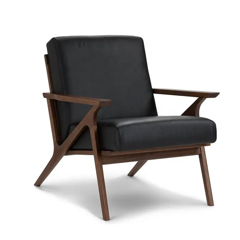 Кресло для отдыха с оттоманкой в деревянной раме, черное кожаное кресло с акцентом