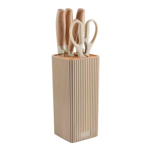 Ensemble de couteaux de cuisine en acier inoxydable à manche en bois grainé, 7 pièces, avec bloc à couteaux à rayures verticales noires - Product Image 2