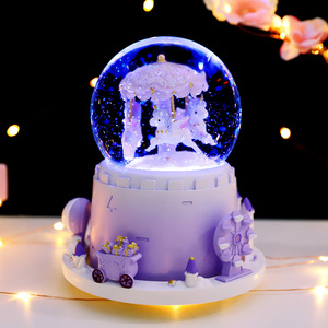 <span class=keywords><strong>Castillo</strong></span> de carrusel rosa, nieve artificial giratoria externa extra grande, luces de colores, bola de <span class=keywords><strong>cristal</strong></span>, caja de música, regalo de cumpleaños - Product Image 2