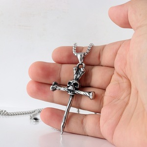 yunnique Stainless Steel Skull <b>Cross</b> Pendant Necklace Men's Hip Hop Fashion Jewelry Geometric Design Retro Style - Product Image 4
