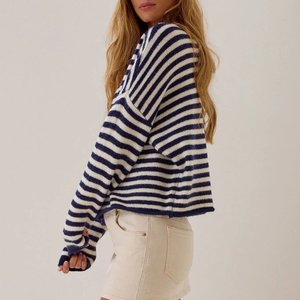 Fabricant de cardigan en tricot doux à rayures pour <span class=keywords><strong>femme</strong></span>, col rond, boutonné, épaules tombantes, coupe ample, manches longues, style court - Product Image 2