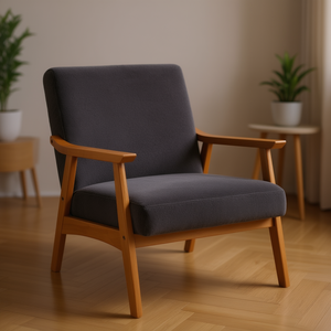 Fauteuil lounge en bois massif avec accoudoirs, dossier en velours gris foncé, design simple pour salon - Product Image 2