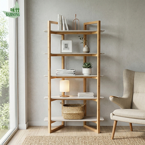 Étagère de rangement haute en bambou avec cadre renforcé, bibliothèque contemporaine à 5 niveaux, ton bois clair, minimaliste pour la maison - Product Image 4